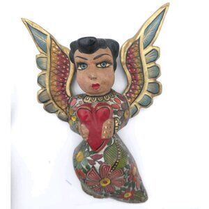 Hand Carved Mexican Folk Art Angel Sacred Heart Wall Hanging Hecho en Mexico 9"